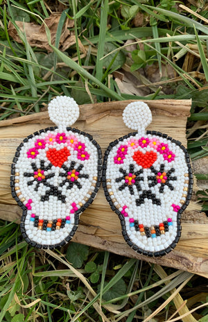 White & Black Multi-Color Beaded Skull Earrings