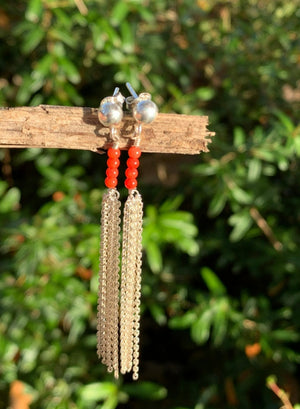 Silver Fringe and Red Sea Bamboo Coral Drop Earrings