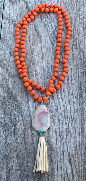 Melon Jade Beaded Leather Tassel Necklace