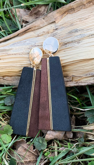 Gold, Brown & Black Rectangle Shaped Drop Earrings