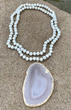 White Coated Crystal Necklace with Blue/Grey Drusy Slab Pendant