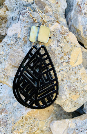 Barse Sterling Silver Laser-Cut Resin with Black Mother-of-Pearl Teardrop Earrings