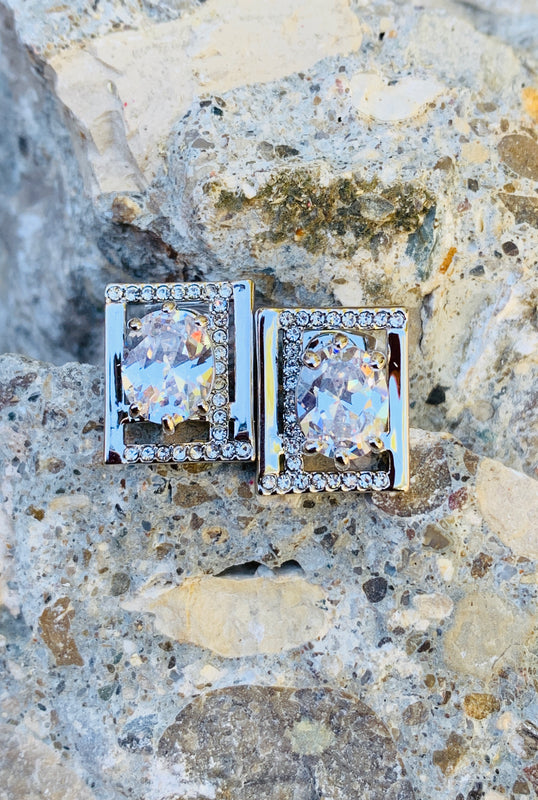 Square Pave Rhodium Crystal Stud Square Earrings