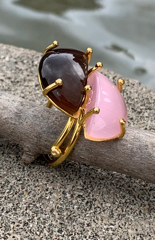 Rose Quartz & Tigers Eye Double Stone Adjustable Ring