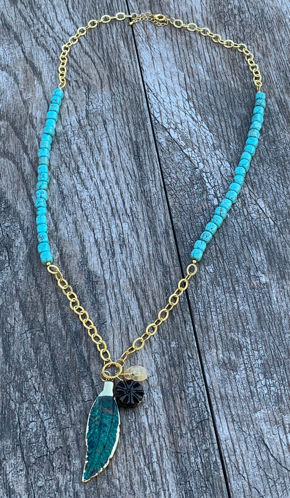 Carved Chrysocolla & Turquoise Magnesite Long Pendant Feather Necklace