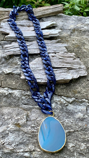 Ocean Storm Blue Agate Pendant Resin Link Necklace