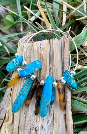 Turquoise Magnesite and Tortoise Shell Hoop Earrings