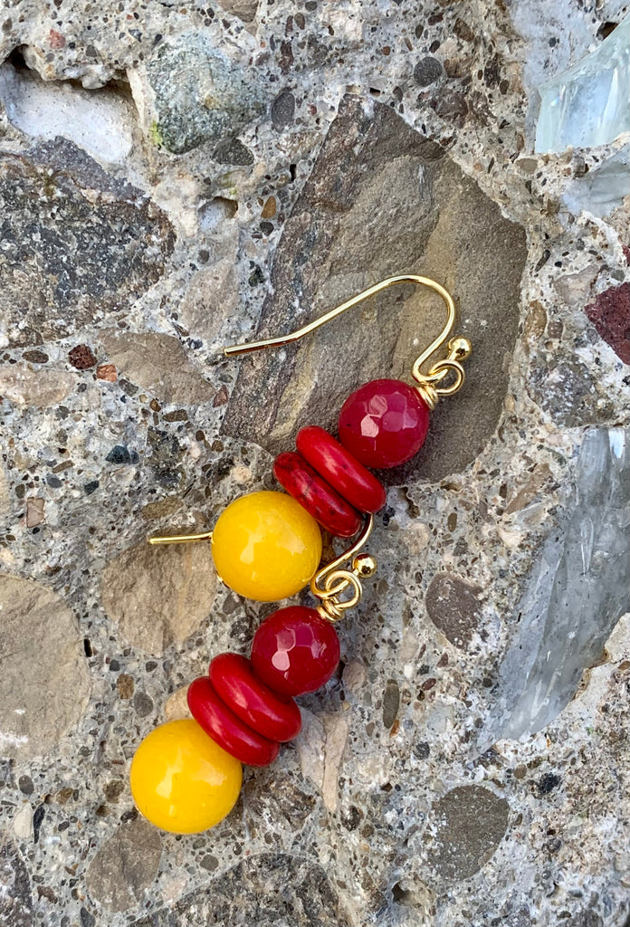 Yellow Jade & Red Quartz Bead Drop Earrings
