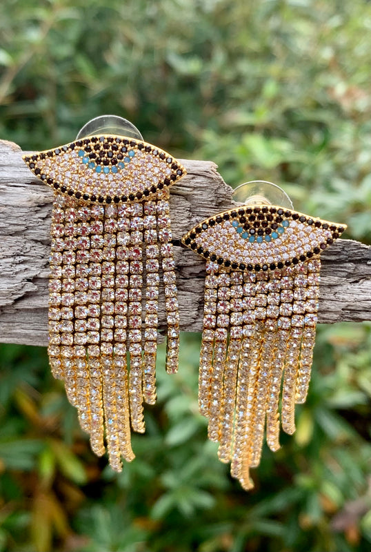 Luxe Goldtone Evil Eye Gold CZ Chandelier Earrings