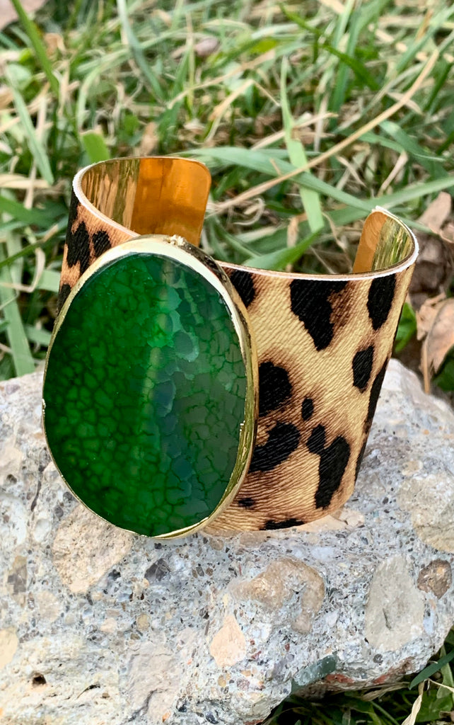 Gone Wild Leopard Print Green Agate Cuff Bracelet