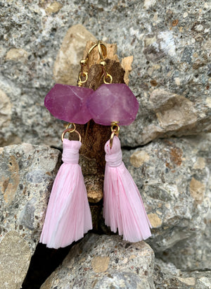 Barse Purple Quartz Nugget Gemstone Earrings with Raffia Pink Tassels