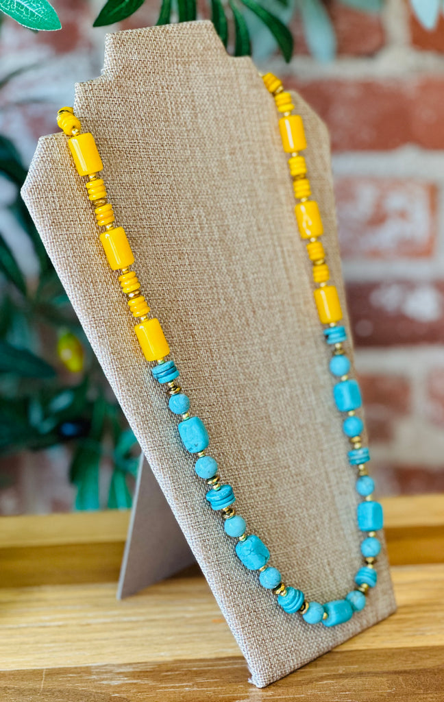 Turquoise and Yellow Jade Long Necklace