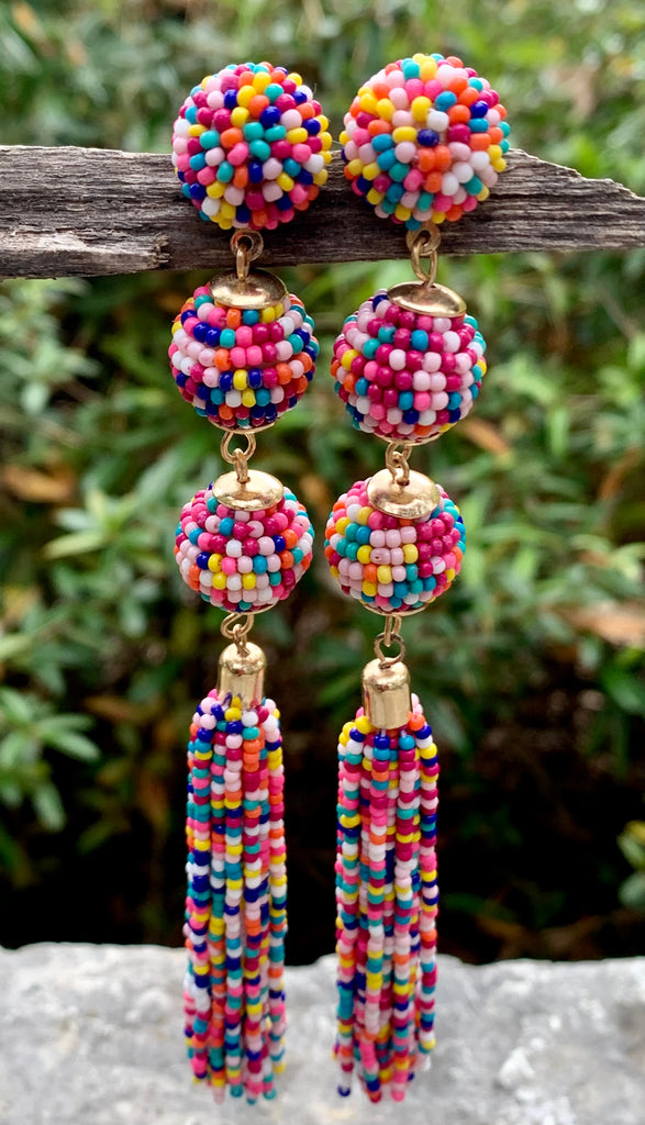 Multi-Color Marci Beaded Tassel Linear Statement Earrings