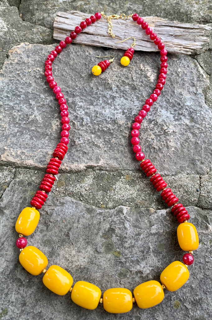 Yellow Jade, Red Quartz & Bronze Necklace
