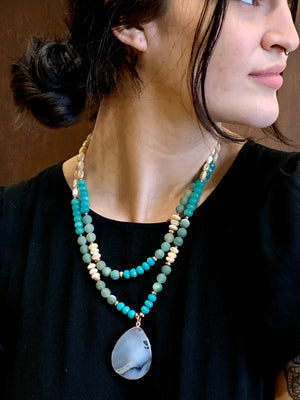 Caramel Shell Turquoise Magnesite & Agate Pendant Necklace