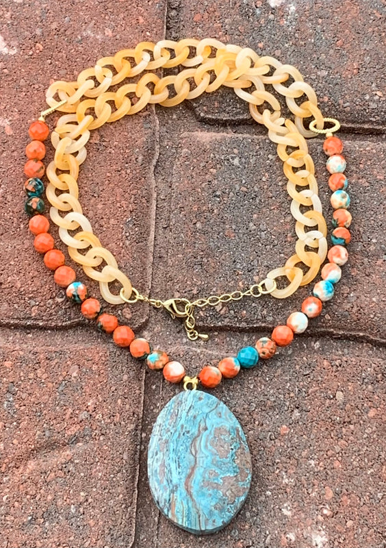 Spiny Oyster, Resin & Jasper Pendant Necklace