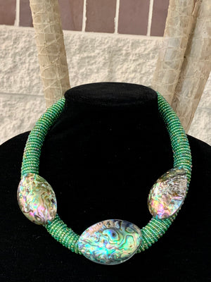 Iridescent Green Abalone Seashell Triple Pendant Statement Necklace