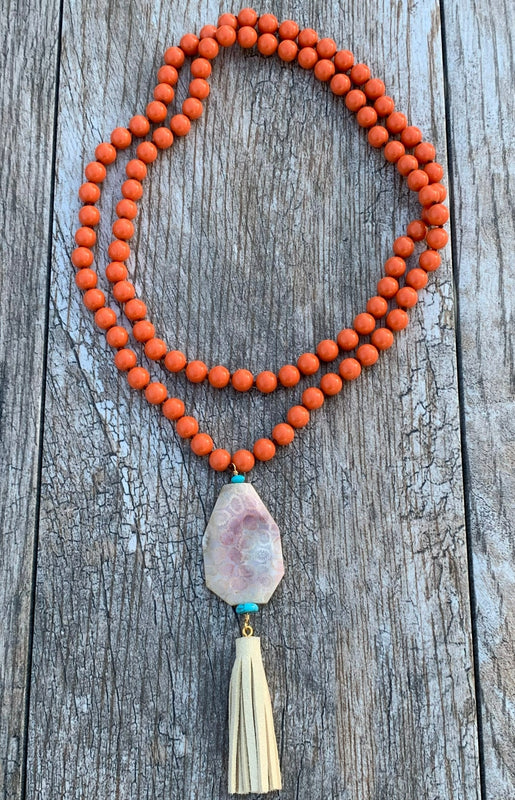 Melon Jade Beaded Leather Tassel Necklace