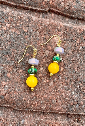 Mauve Crystal & Yellow Jade Drop Earrings