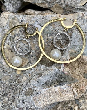 Vince Camuto Gold-Tone Crystal Pave Hoop Earrings with Pearl Drop