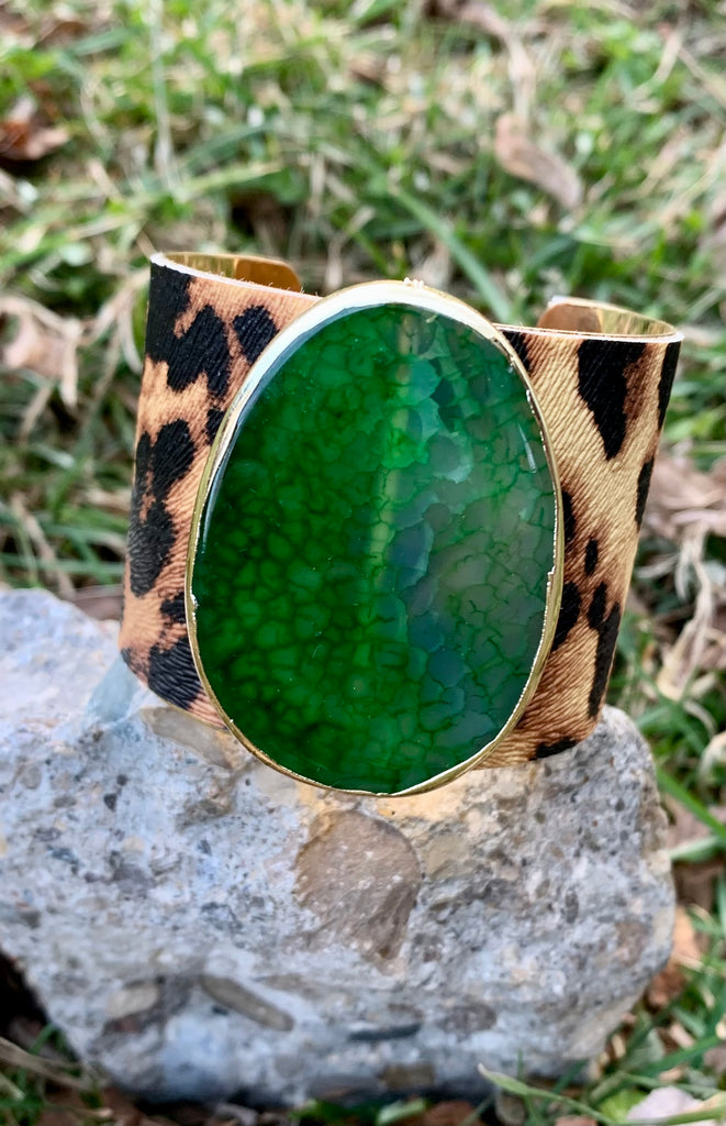 Gone Wild Leopard Print Green Agate Cuff Bracelet