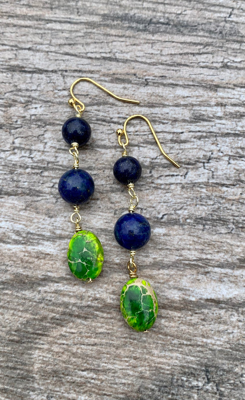 Lapis & Jasper Drop Bronze Beaded Earrings
