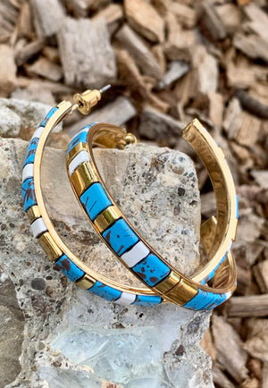 Turquoise Magnesite & White Bronze Hoop Earrings