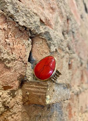 Bronzed by Barse Red Coral Teardrop Bronze Ring