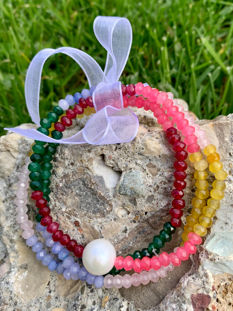Multi-Color Gemstone & Freshwater Pearl 3-Strand Bracelet