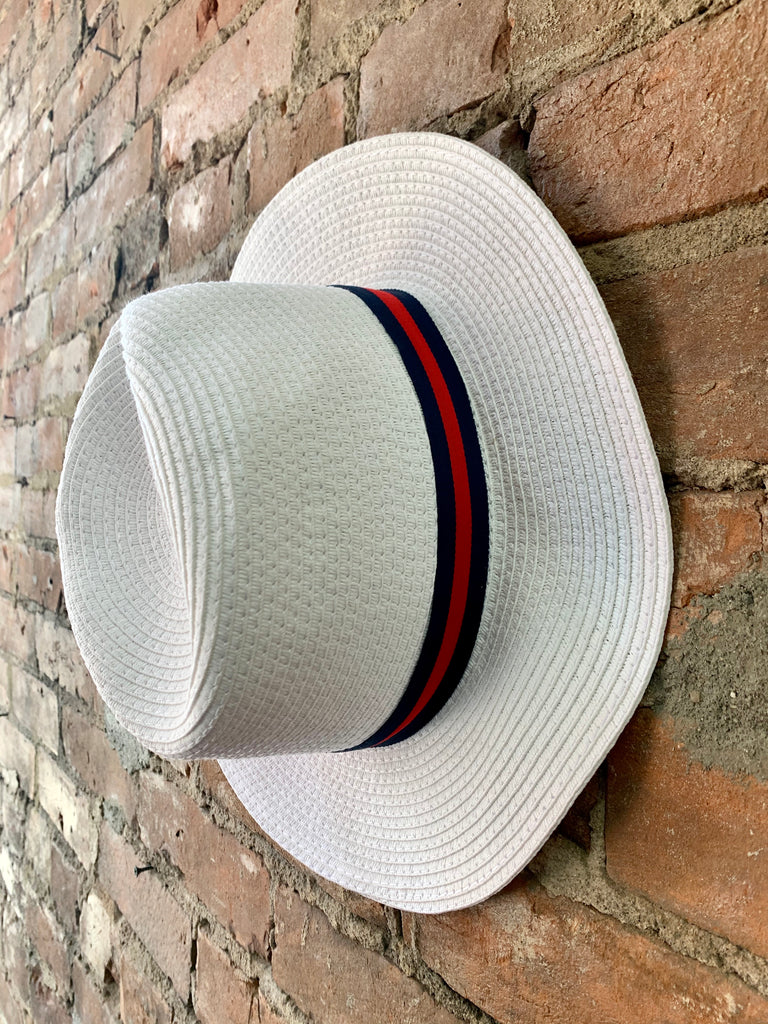 Vince Camuto White Straw Striped Ribbon Sun Hat