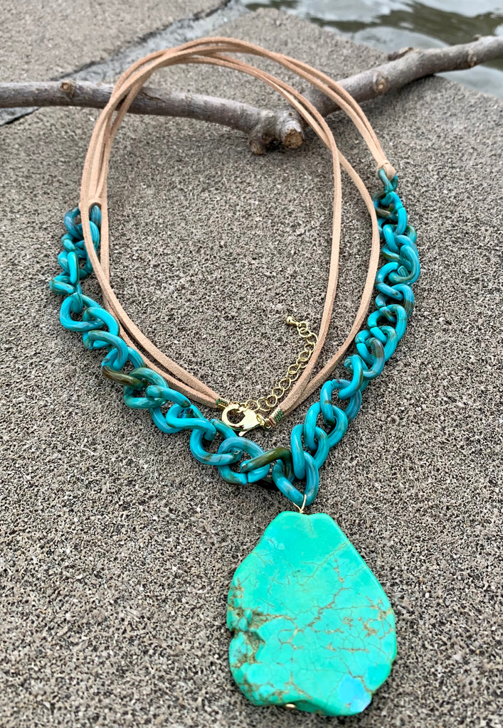 Double Leather Strand Turquoise Resin Link Turquoise Magnesite Pendant Necklace