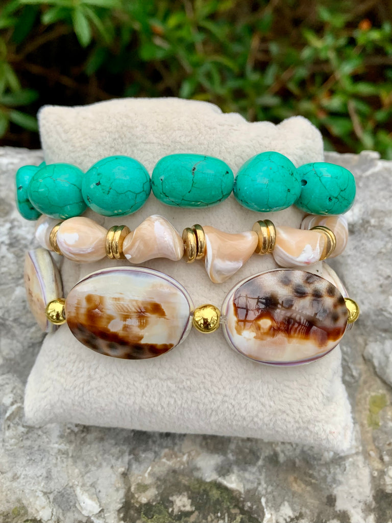 Bora Bora Turquoise & Shell 3-Strand Bracelet Set