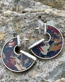 Silver Tone Navy Multi-Color Floral Leather Inset Hoop Earrings