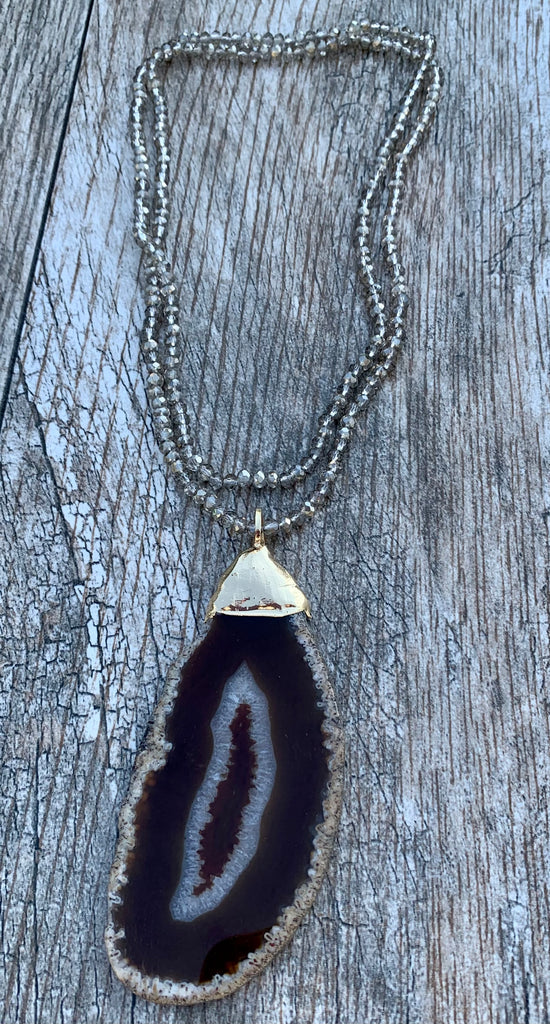 Beaded Crystal Necklace with Agate Slice Pendant