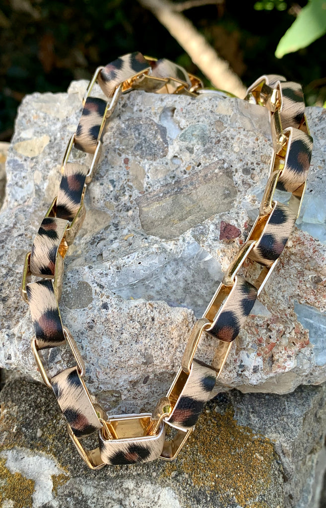 Jessica Simpson Leopard Print Inter Locked Link Necklace