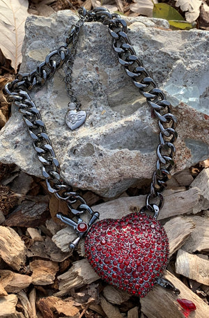 "A Sword Through My Heart" Red Pave Heart & Sword Pendant Necklace