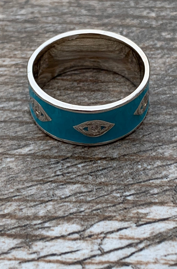 Sterling Silver & Blue Enamel Evil Eye Eternity Ring Size 8