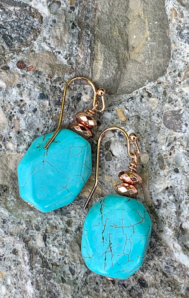 Classic Turquoise Magnesite Stone & Copper Drop Earrings