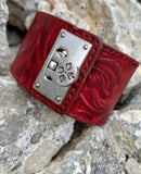 Patricia Nash Burgundy Red Floral Leather Irena Cuff/Bangle Bracelet