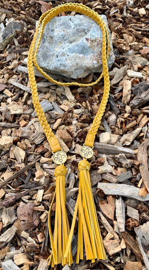 Patricia Nash Cara Distressed Yellow Leather Lariat Braided Necklace