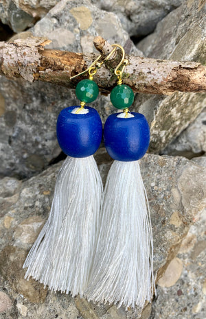 Green Onyx & Large White Tassel Statement Earrings