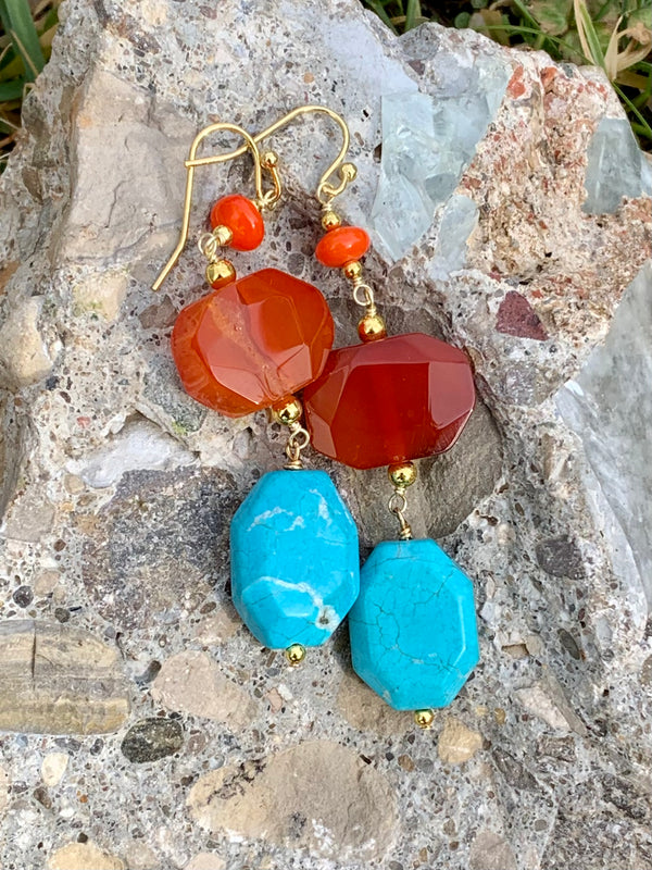 Bronze, Carnelian & Turquoise Magnesite Drop Beaded Earrings