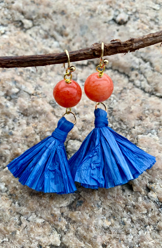 Barse Bronze & Jasper Blue Raffia Dangle Earrings
