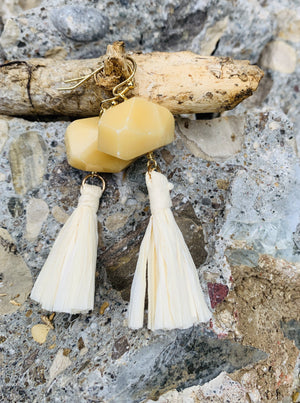 Yellow Jade Faceted Nugget Dangle Earrings with Raffia Tassel