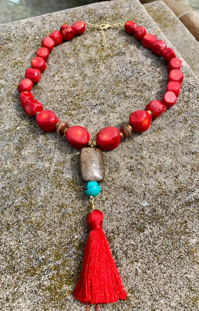Barse Red Sea Bamboo Bronze and Bronzite Red Tassel Pendant Necklace