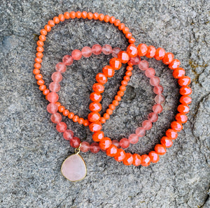Barse Pink, Melon, Cherry Quartz & Crystal Triple Strand Beaded Bracelet