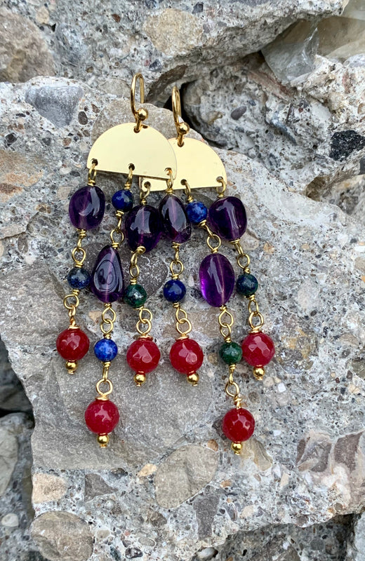 Scarlet Quartz, Amethyst, Chrysocolla, & Bronze Hanging Earrings