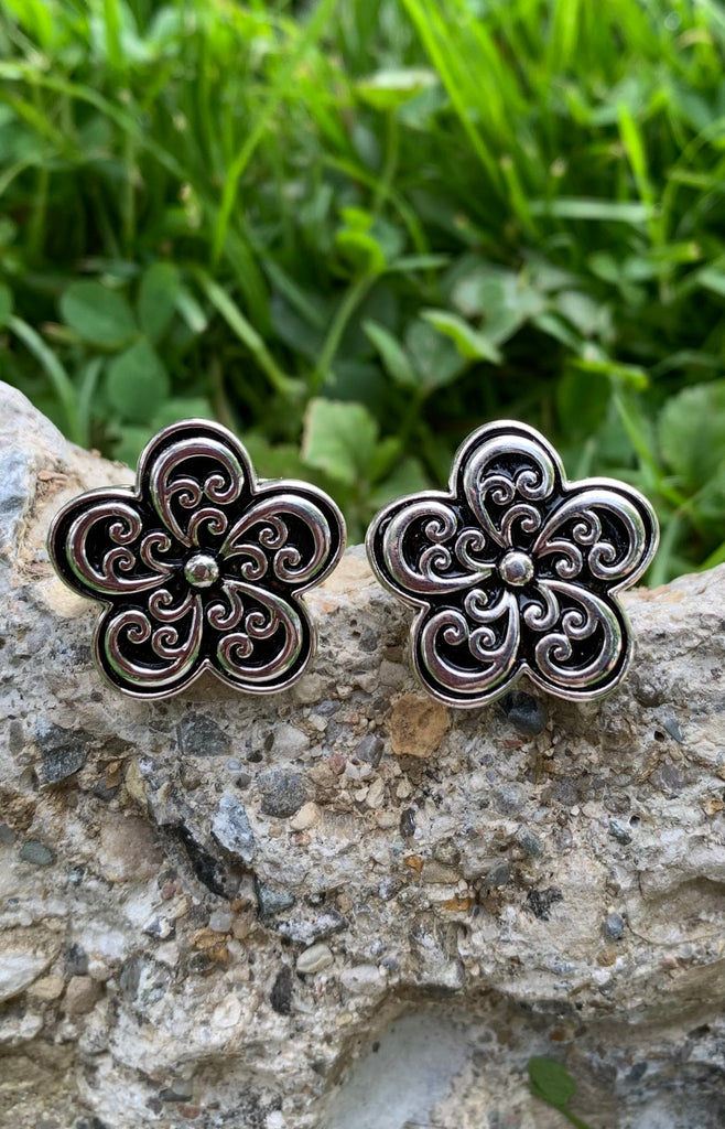 Scroll Silver & Black Flower Scroll Clip-On Earrings
