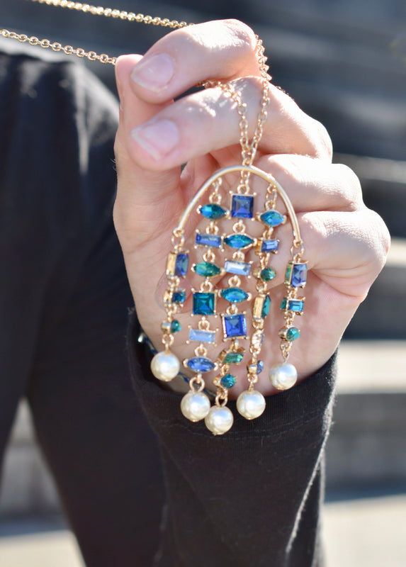 Metallic Multi-Layered Blue Jeweled Chandelier Necklace