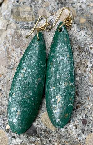 Green Wood with Gold Flecks Tear Drop Statement Earrings